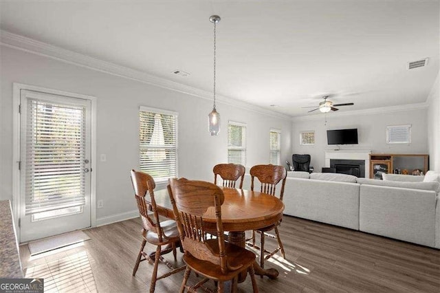 1511 Arica Ave, Lawrenceville, GA 30043 - dining room featuring ornamental molding, a ceiling fan, plenty of natural light, wood finished floors, and a glass covered fireplace