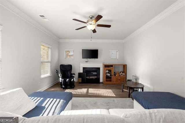 1511 Arica Ave, Lawrenceville, GA 30043 - living area with wood finished floors, crown molding, a ceiling fan, and a glass covered fireplace