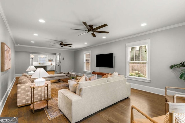 2217 Virginia Pl NE, Atlanta, GA 30305 - living area featuring ceiling fan, healthy amount of natural light, crown molding, wood finished floors, and recessed lighting