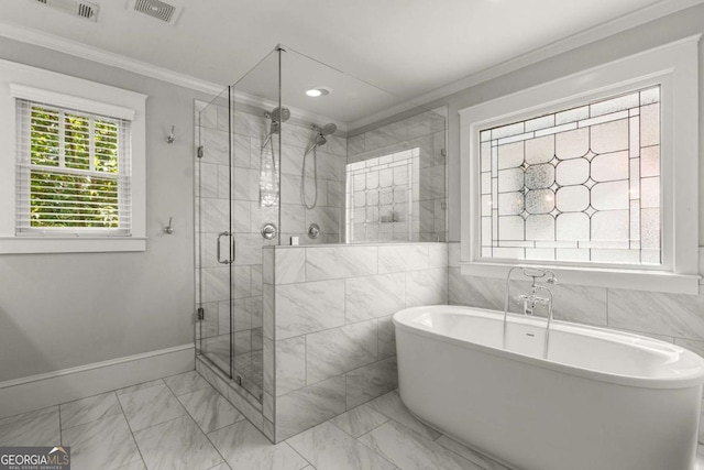 2217 Virginia Pl NE, Atlanta, GA 30305 - full bathroom featuring marble finish flooring, a soaking tub, ornamental molding, and a stall shower