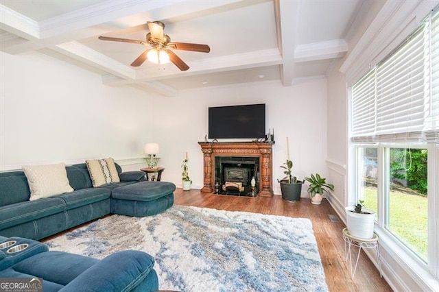 living area with coffered ceiling, beam ceiling, healthy amount of natural light, wood finished floors, and ceiling fan