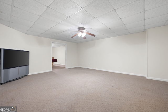 5034 Kingsbridge Pass, Powder Springs, GA 30127 - unfurnished living room featuring ceiling fan, carpet floors, baseboards, and a drop ceiling