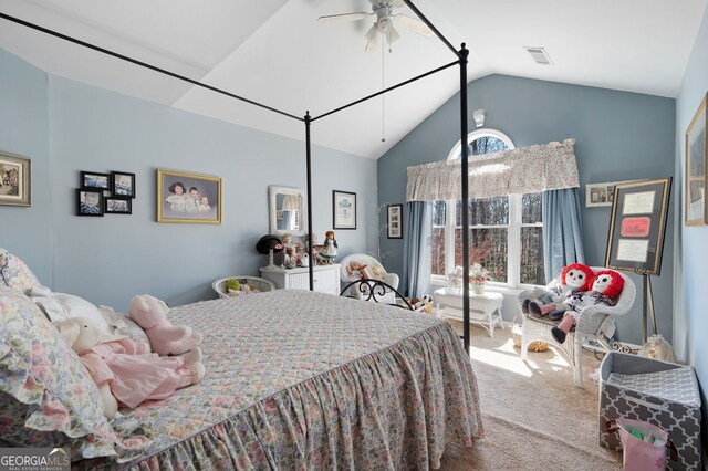 5034 Kingsbridge Pass, Powder Springs, GA 30127 - carpeted bedroom featuring high vaulted ceiling