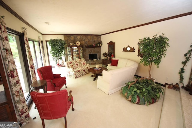 3353 Greenfield Dr, Marietta, GA 30068 - carpeted living area with ornamental molding and a stone fireplace
