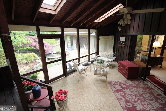 3353 Greenfield Dr, Marietta, GA 30068 - sunroom / solarium featuring a skylight, ceiling fan, and wooden ceiling