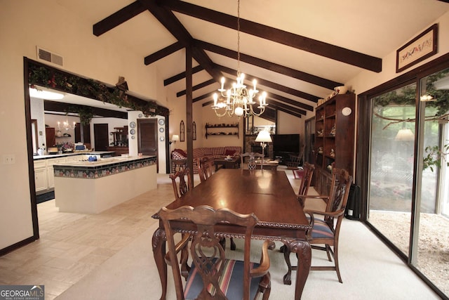 3353 Greenfield Dr, Marietta, GA 30068 - dining area with a chandelier, beamed ceiling, healthy amount of natural light, and high vaulted ceiling