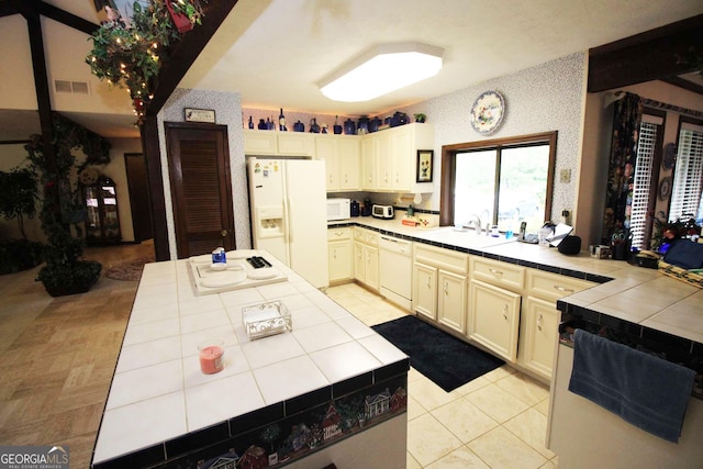 3353 Greenfield Dr, Marietta, GA 30068 - kitchen featuring tile counters, white appliances, a sink, and light tile patterned flooring