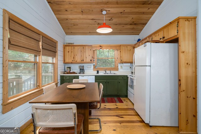 7 Ascherman Ct, Blue Ridge, GA 30513 - kitchen with white appliances, green cabinets, lofted ceiling, a sink, and wood ceiling