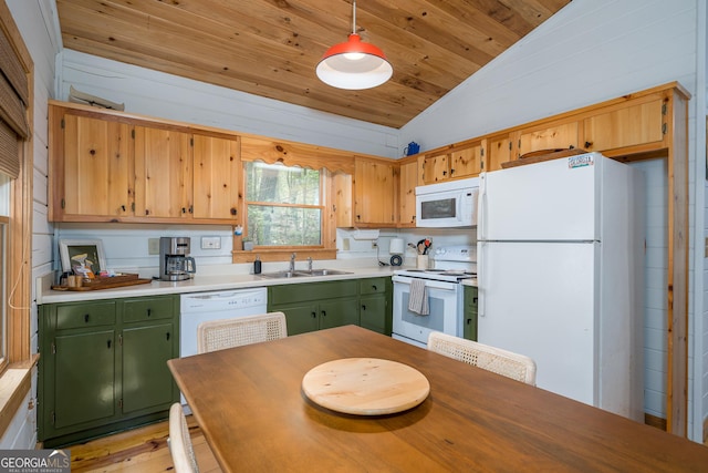 7 Ascherman Ct, Blue Ridge, GA 30513 - kitchen with white appliances, green cabinetry, lofted ceiling, a sink, and wooden ceiling