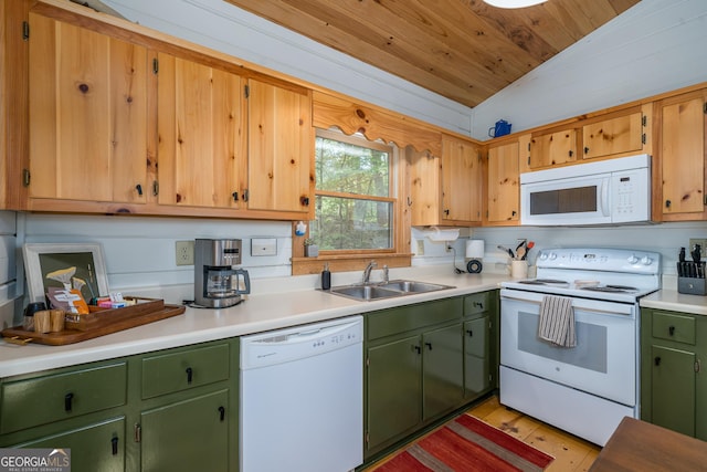 7 Ascherman Ct, Blue Ridge, GA 30513 - kitchen featuring white appliances, a sink, vaulted ceiling, green cabinets, and wooden ceiling