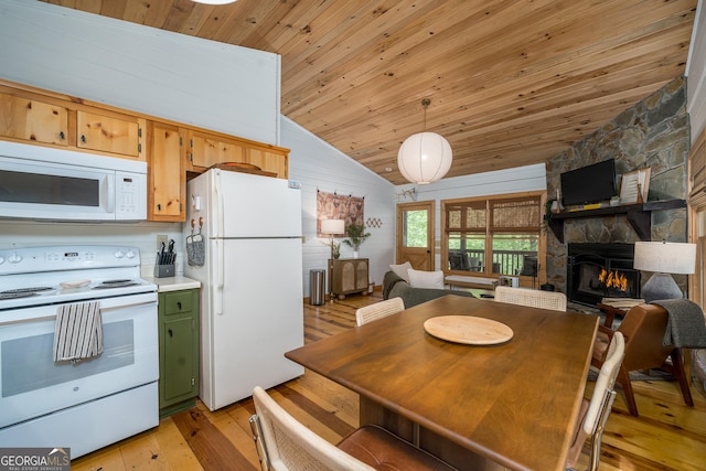 7 Ascherman Ct, Blue Ridge, GA 30513 - kitchen featuring white appliances, wooden ceiling, vaulted ceiling, open floor plan, and light wood-style flooring