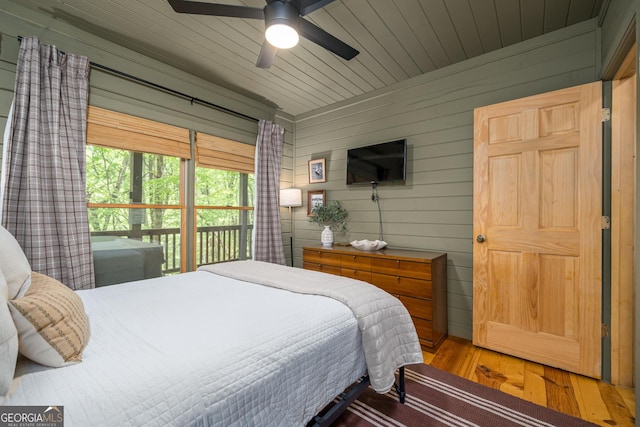 7 Ascherman Ct, Blue Ridge, GA 30513 - bedroom featuring wood finished floors, wood walls, and a ceiling fan