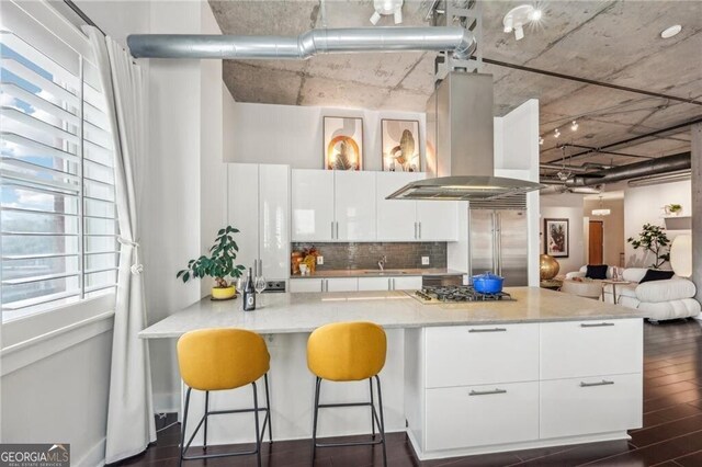 206 NE 11th St NE Unit Ph703, Atlanta, GA 30309 - kitchen with island exhaust hood, appliances with stainless steel finishes, a sink, white cabinets, and decorative backsplash