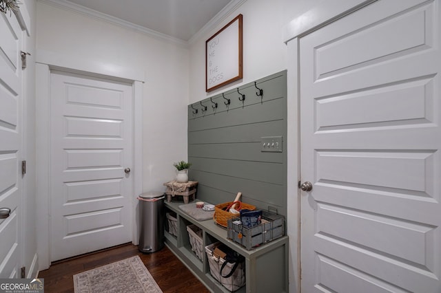 mudroom featuring ornamental molding and dark wood-style flooring