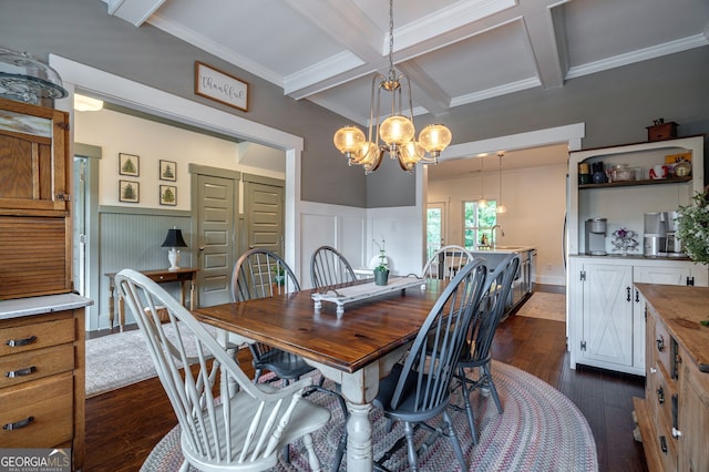 dining room featuring a chandelier, beam ceiling, dark wood finished floors, coffered ceiling, and wainscoting