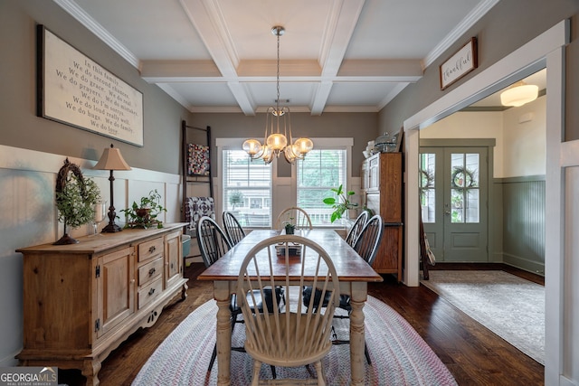 dining room featuring beam ceiling, coffered ceiling, a decorative wall, dark wood finished floors, and a chandelier