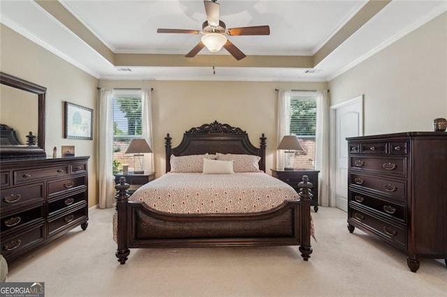 3365 Buffington Ln, Cumming, GA 30040 - bedroom with light carpet, multiple windows, a tray ceiling, and crown molding