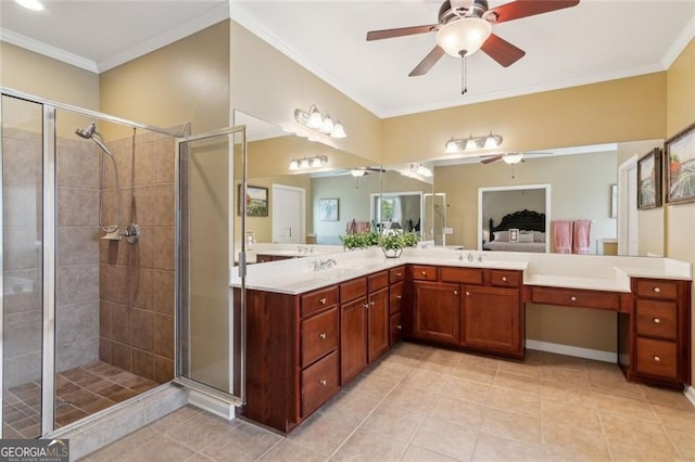 3365 Buffington Ln, Cumming, GA 30040 - bathroom with a ceiling fan, a shower stall, double vanity, tile patterned floors, and ornamental molding