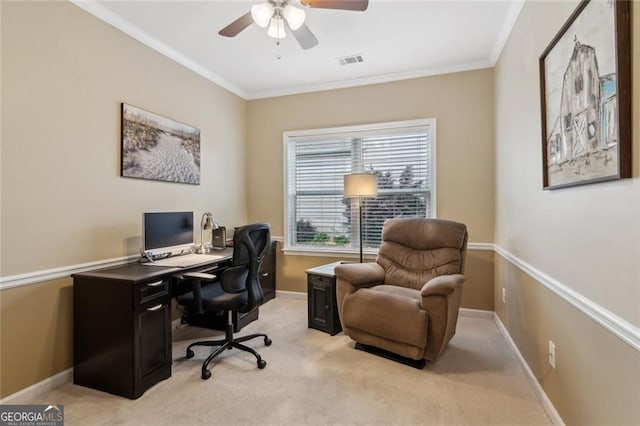 3365 Buffington Ln, Cumming, GA 30040 - office space featuring ceiling fan, crown molding, light colored carpet, and baseboards