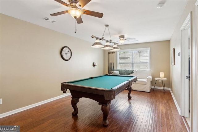 3365 Buffington Ln, Cumming, GA 30040 - playroom with a ceiling fan, baseboards, billiards table, and wood finished floors