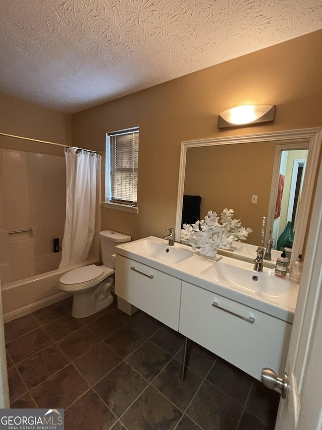 3709 Charlotte Dr, Rex, GA 30273 - full bathroom with tile patterned flooring, toilet, double vanity, a textured ceiling, and shower / bath combination with curtain