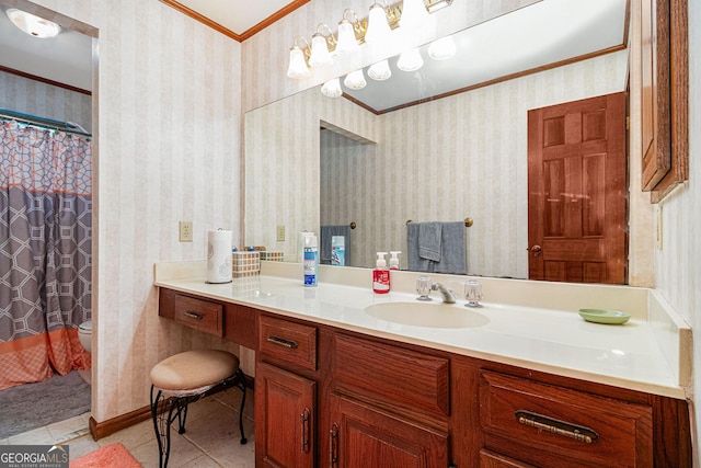 bathroom featuring crown molding, tile patterned floors, wallpapered walls, vanity, and toilet