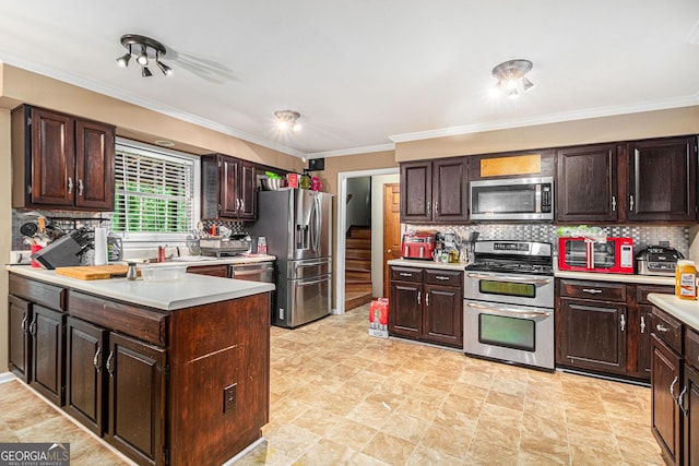 kitchen with appliances with stainless steel finishes, light countertops, decorative backsplash, dark brown cabinets, and ornamental molding
