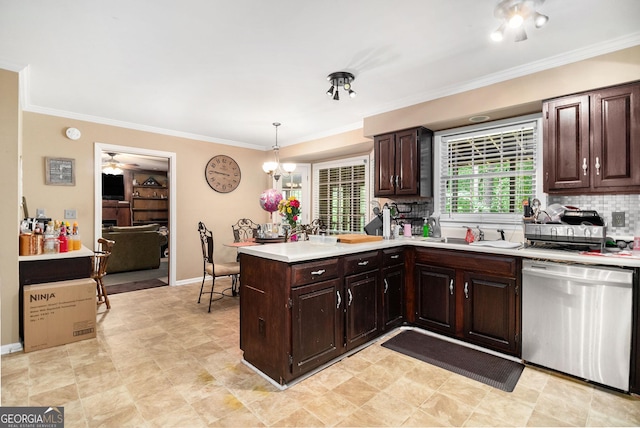 kitchen with stainless steel dishwasher, a sink, a peninsula, light countertops, and backsplash