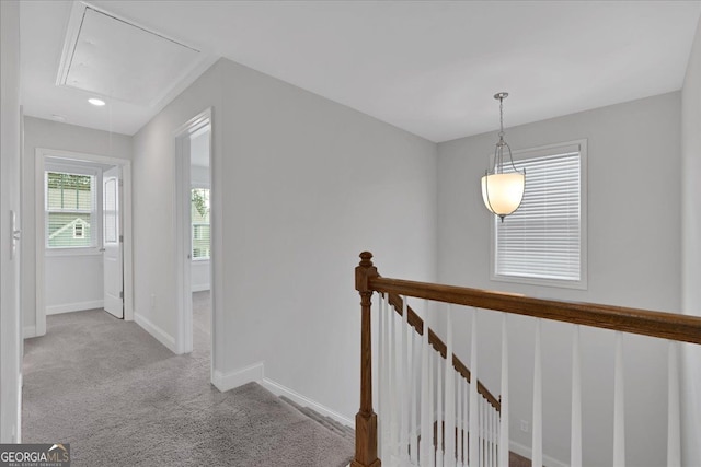116 Daffodil Lndg, Dallas, GA 30132 - hallway featuring attic access, an upstairs landing, carpet flooring, baseboards, and recessed lighting