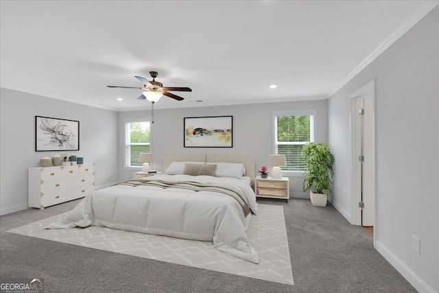 bedroom with crown molding, carpet, baseboards, recessed lighting, and a ceiling fan