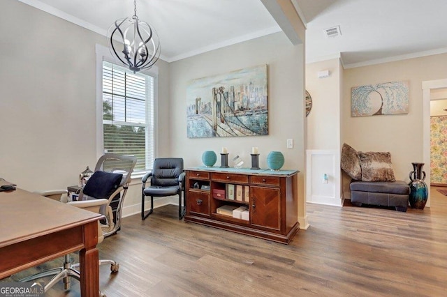 233 Isabella Way, Jesup, GA 31546 - office featuring a chandelier, wood finished floors, crown molding, and baseboards