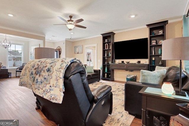 233 Isabella Way, Jesup, GA 31546 - living area featuring a ceiling fan, ornamental molding, wood finished floors, and recessed lighting