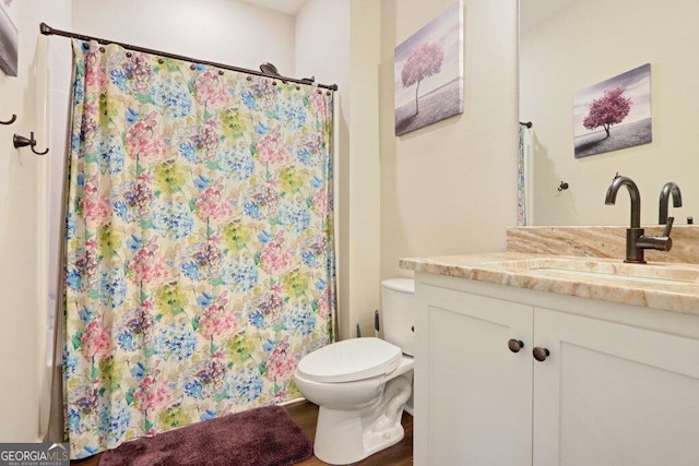 233 Isabella Way, Jesup, GA 31546 - bathroom featuring toilet, vanity, a shower with shower curtain, and wood finished floors