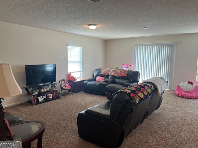 living area with carpet flooring and a textured ceiling