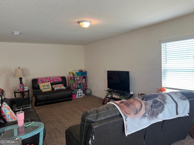 carpeted living area featuring a textured ceiling