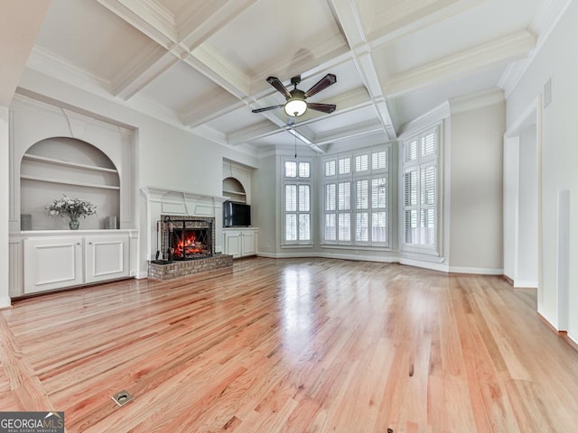 414 Candler Trl, Canton, GA 30115 - unfurnished living room featuring a brick fireplace, ceiling fan, wood finished floors, beamed ceiling, and built in shelves