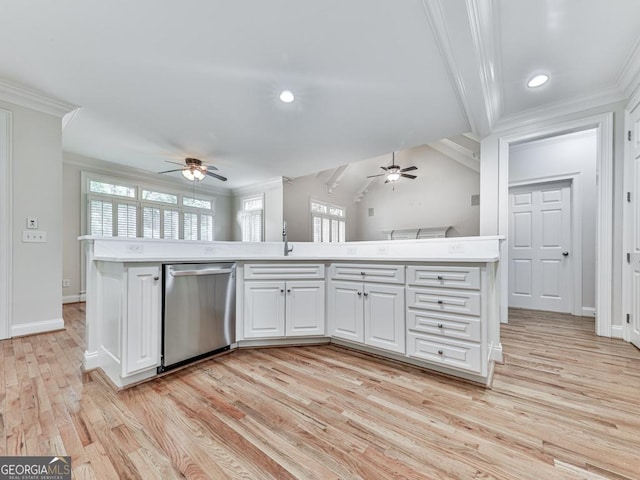 414 Candler Trl, Canton, GA 30115 - kitchen with stainless steel dishwasher, a ceiling fan, ornamental molding, plenty of natural light, and recessed lighting