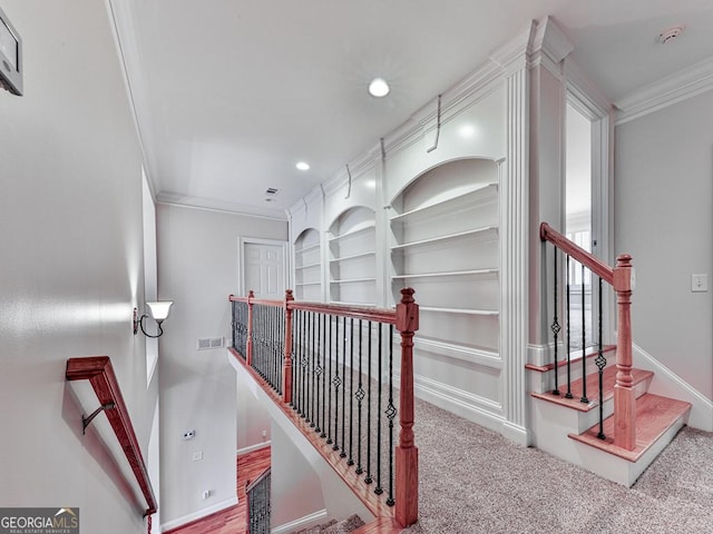 414 Candler Trl, Canton, GA 30115 - stairway with crown molding, recessed lighting, and carpet flooring