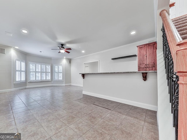 414 Candler Trl, Canton, GA 30115 - unfurnished living room featuring a ceiling fan, ornamental molding, recessed lighting, and light tile patterned floors