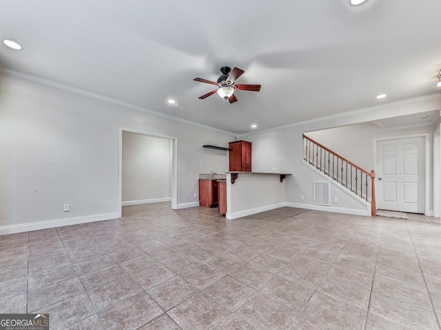 414 Candler Trl, Canton, GA 30115 - unfurnished living room featuring crown molding, ceiling fan, stairs, recessed lighting, and light tile patterned floors