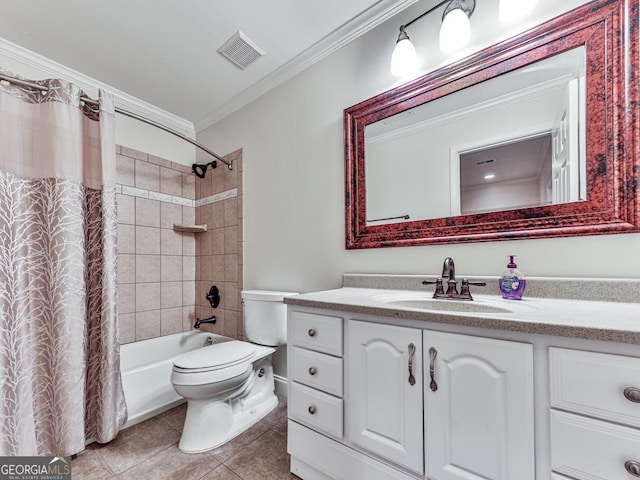 414 Candler Trl, Canton, GA 30115 - full bathroom with crown molding, vanity, shower / bath combination with curtain, and tile patterned flooring