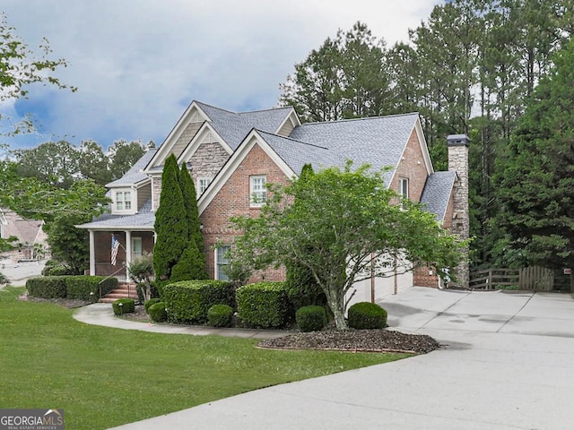 414 Candler Trl, Canton, GA 30115 - view of front of house with driveway, a front yard, a chimney, brick siding, and an attached garage