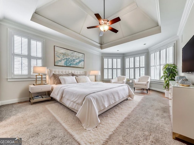 414 Candler Trl, Canton, GA 30115 - carpeted bedroom with crown molding, a tray ceiling, and ceiling fan
