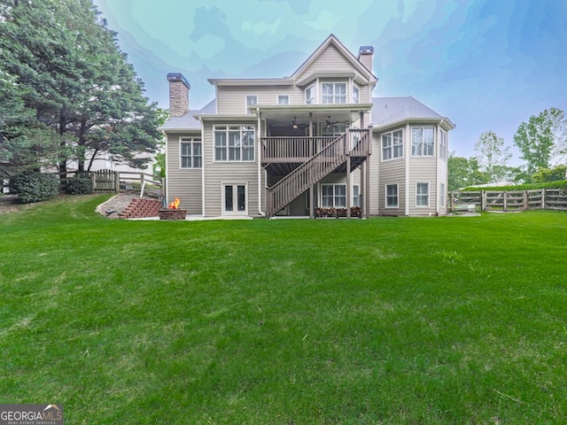 414 Candler Trl, Canton, GA 30115 - rear view of property featuring a chimney, a sunroom, a fenced backyard, stairway, and french doors