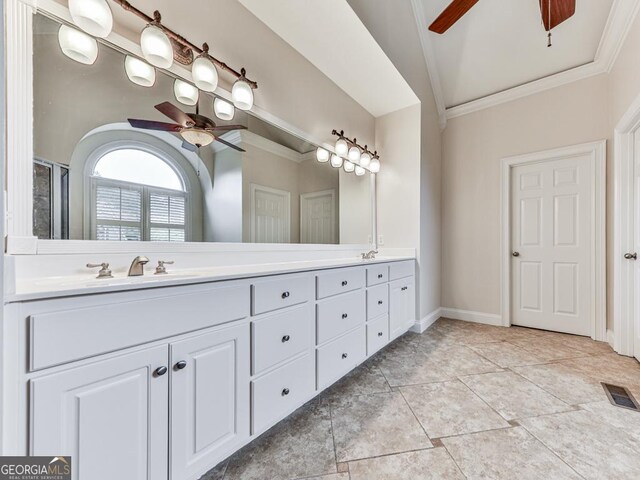 414 Candler Trl, Canton, GA 30115 - bathroom with a ceiling fan, lofted ceiling, double vanity, and crown molding