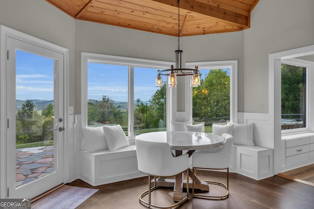 dining space featuring wooden ceiling, plenty of natural light, a chandelier, and dark wood-style flooring