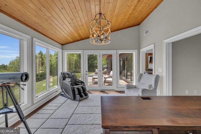 sunroom / solarium featuring lofted ceiling, french doors, a chandelier, and wooden ceiling