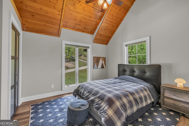 bedroom with wooden ceiling, wood finished floors, and baseboards