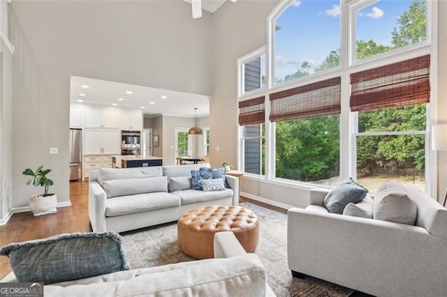 living room with a towering ceiling, dark wood-style floors, baseboards, and recessed lighting