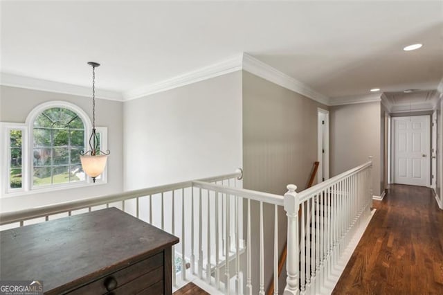 hall with crown molding, dark wood-style flooring, recessed lighting, an upstairs landing, and baseboards
